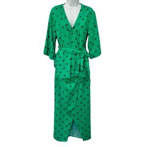 Zara Green Brown Polka Dot Midi Skirt Half Sleeve Top Set size S Blogger Fave